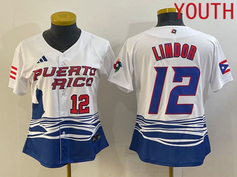 Youth 2023 World Cub Puerto Rico #12 Lindor White MLB Jersey9->youth mlb jersey->Youth Jersey
